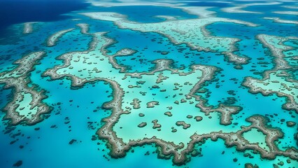 Aerial view of the great barrier reef vibrant coral formations in turquoise and deep blue waters, Ai Generated
