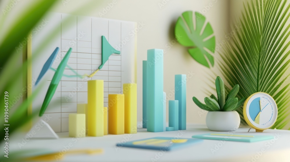 Aufkleber A modern workspace featuring colorful bar graphs and decorative plants for a professional setting.