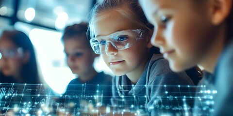Children engaging in a science or technology activity, wearing safety goggles and focused on their work with digital elements. Concept STEM Education Activities, Kids in Lab Coats, Safety Goggles
