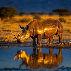 Fototapeta premium Reflections of a Black Rhino at Okaukuejo Waterhole in Etosha National Park: A Wildlife Safari and Game Drive in Namibia, Africa