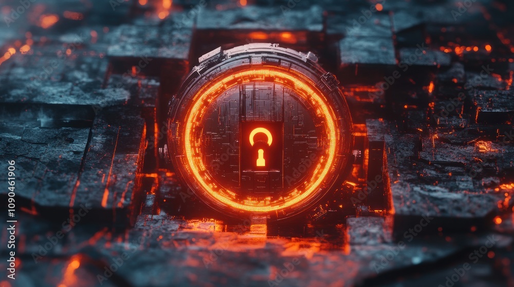 Poster a futuristic, glowing lock symbol encased in a circular, fiery design on a textured surface.
