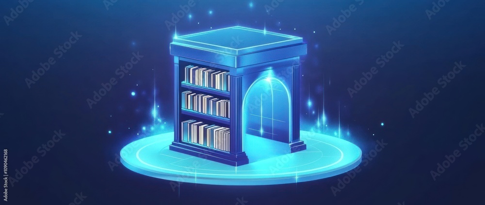 Poster a glowing blue library structure with shelves, symbolizing knowledge and learning.