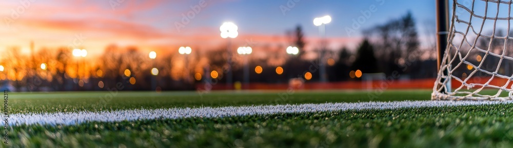 Aufkleber a sunset view of a soccer field with goalposts and stadium lights illuminating the scene.