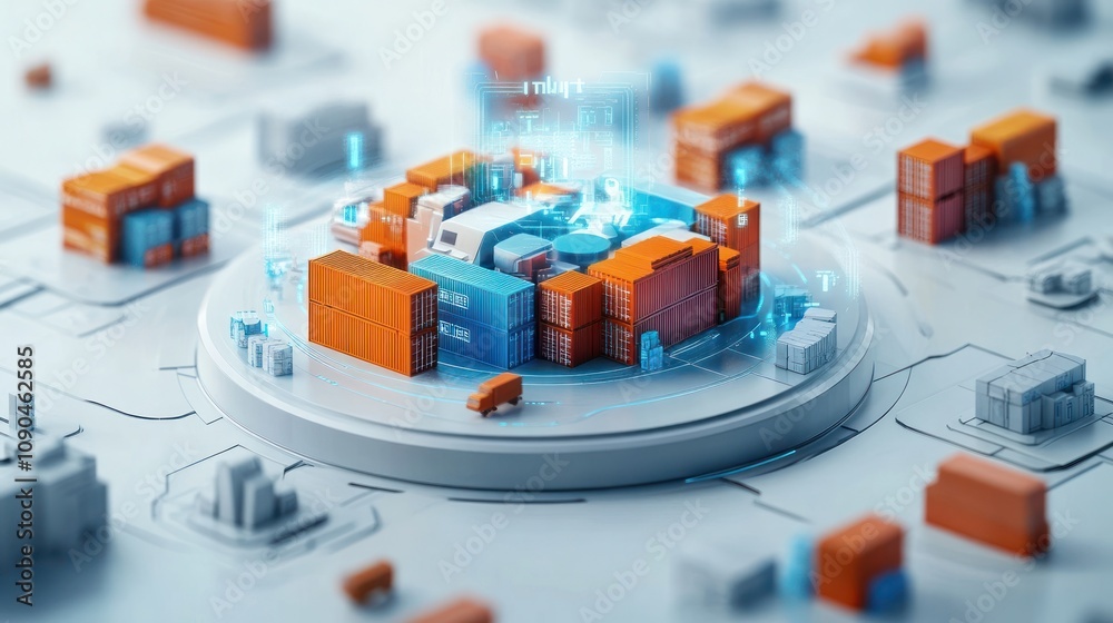 Poster a digital representation of a logistics hub featuring shipping containers and transport vehicles.