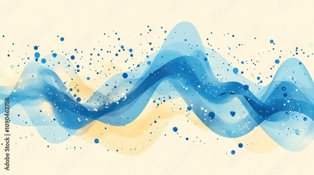Poster abstract wavy design with blue and yellow hues, featuring splashes and soft gradients.