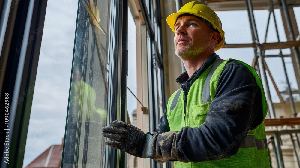Aufkleber a window installer in a green work vest and hard hat, fitting a glass pane and looking into the came