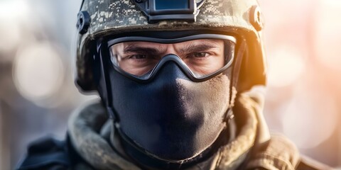 Fototapeta premium A close-up of a soldier wearing military gear, including a helmet and goggles, with a serious expression. Concept Military Gear Close-Up, Soldier Portrait, Serious Expression, Helmet and Goggles