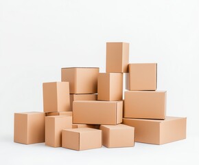 Obraz premium A stack of brown cardboard boxes against a plain white background, illustrating concepts of storage, packaging, and logistics in a business setting.