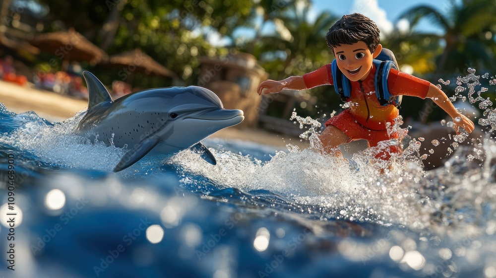 Poster a boy in a red swimsuit interacts joyfully with a dolphin in a tropical setting.