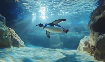 A penguin gracefully swims through clear blue water in an aquarium, Generative AI 