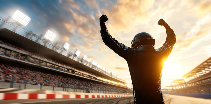 A triumphant race car driver celebrates victory on the track at sunset, arms raised in elation, capturing the essence of success and achievement in the thrilling world of motorspor