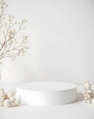 Pastel light 3d geometric white beige podium platform with golden decor for product. wedding, birthday, st valentine's day, christmas holidays,  scene for cosmetic products. 