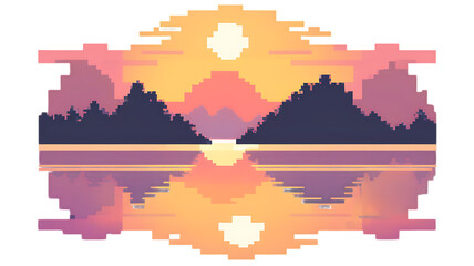 A pixelated sunrise over a calm lake with soft reflections, designed in retro 8-bit style, suitable as a game asset for a tranquil environment, isolated on a transparent background.