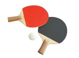 Ping pong paddles and a ping pong ball on white background