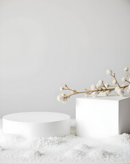 Pastel light 3d geometric white beige podium platform with golden decor for product. wedding, birthday, st valentine's day, christmas holidays,  scene for cosmetic products. 