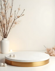 Pastel light 3d geometric white beige podium platform with golden decor for product. wedding, birthday, st valentine's day, christmas holidays,  scene for cosmetic products. 