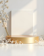 Pastel light 3d geometric white beige podium platform with golden decor for product. wedding, birthday, st valentine's day, christmas holidays,  scene for cosmetic products. 