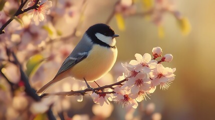 Detailed scene of blooming tree holding a lone perched bird image