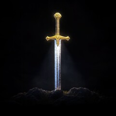 Excalibur: The Mythical Sword of King Arthur Stuck in Stone in a Forest