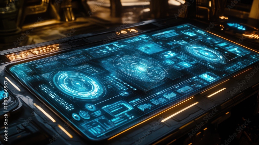 Aufkleber A futuristic control panel with glowing blue displays and intricate data visualizations.