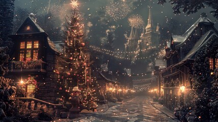 Fototapeta premium A festive winter scene with a decorated street and fireworks.