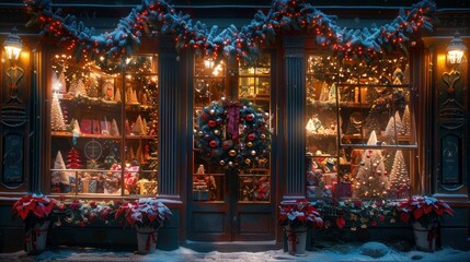 Cozy holiday shop window adorned with festive decorations.