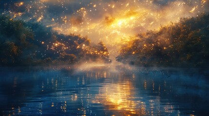 Serene river scene illuminated by a vibrant sunset glow.