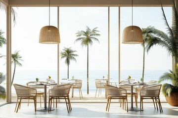 Fototapeta premium Ocean view cafe with wicker chairs and lamps.