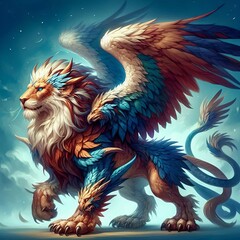 Obraz premium Majestic Winged Lion with Fiery Plumage in Ethereal Fantasy Setting