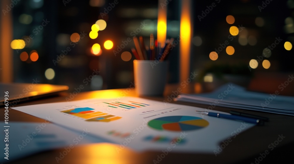 Poster A workspace featuring charts and graphs, illuminated by ambient light.