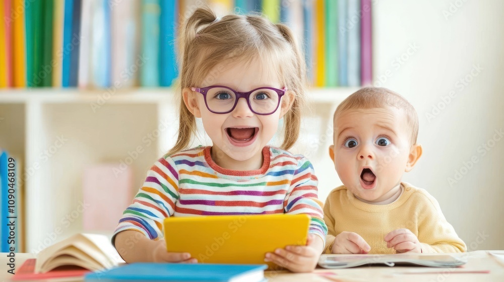 Poster two children engaged with a tablet, showcasing surprise and joy in a colorful setting.