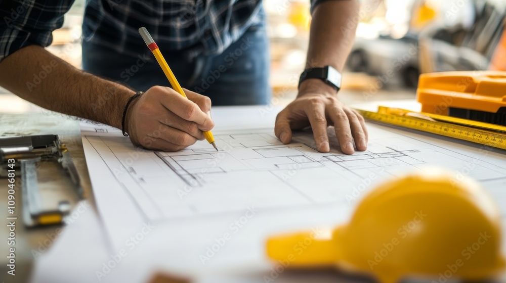 Poster an architectural draftsman sketching building plans on a construction site, with blueprints and meas