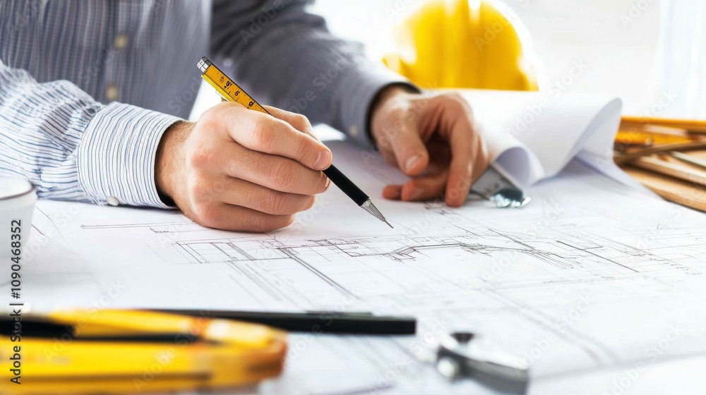 Poster an architectural draftsman sketching building plans on a construction site, with blueprints and meas