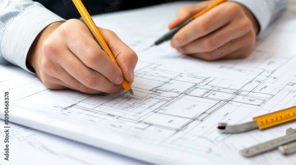 Poster an architectural draftsman sketching building plans on a construction site, with blueprints and meas
