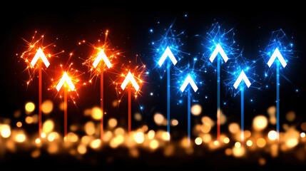 Glowing arrows in red and blue symbolize progress and innovation