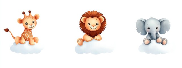 Obraz premium Adorable cartoon animals including a giraffe, lion, and elephant sitting on fluffy clouds. Perfect for children's themes and nursery designs.