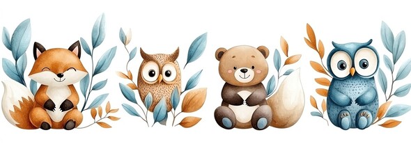 Fototapeta premium Adorable woodland animals illustration featuring a fox, owl, bear, and another owl amidst leaves, in a whimsical and playful design