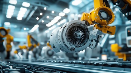 Fototapeta premium A robotic arm assembling a jet engine in a high-tech industrial setting.