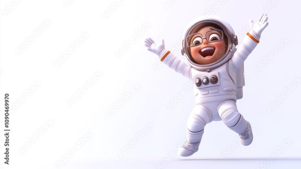 Aufkleber a joyful child in a spacesuit jumps with excitement, symbolizing exploration and adventure.