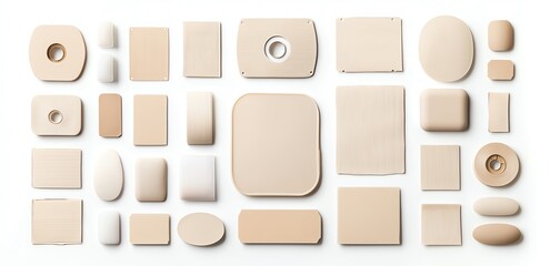 An arrangement of various beige tiles in geometric shapes. Perfect for design projects and interior decor. Textures and shades create a modern, minimalist aesthetic.