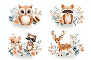 Obraz premium Charming illustration of woodland creatures including an owl, raccoon, fox, and deer, surrounded by delicate floral elements, perfect for nature-themed designs or nursery decor.