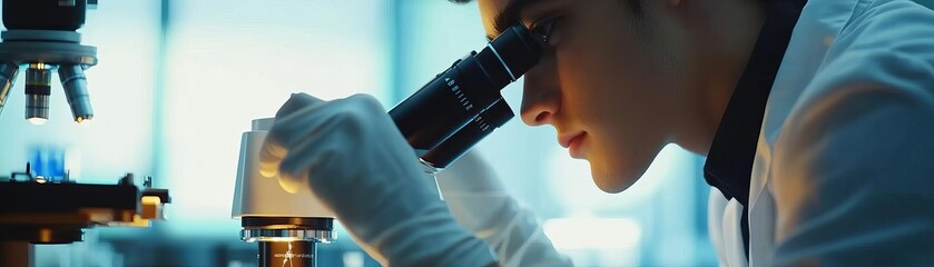 Researcher using a microscope to study cells, closeup, intense lighting, professional lab environment