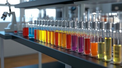 Test tubes filled with colorful solutions, organized lab bench, highresolution, modern lab setting