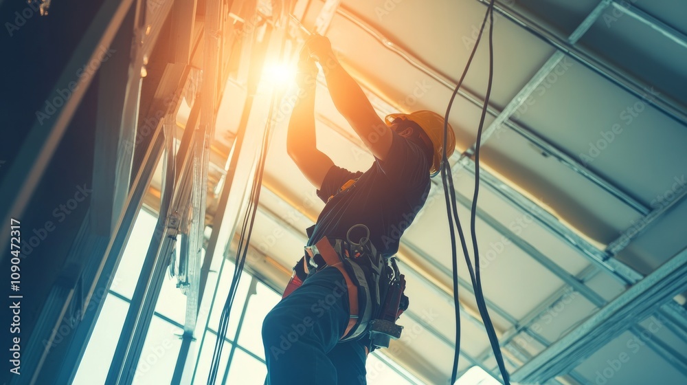 Poster An electrician installing cables and conduits in a newly framed building structure, Electrical installation scene, Technical and hands-on style