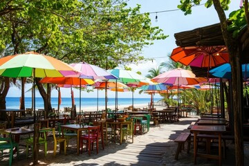 Beachside cafe with colorful umbrellas and tables.