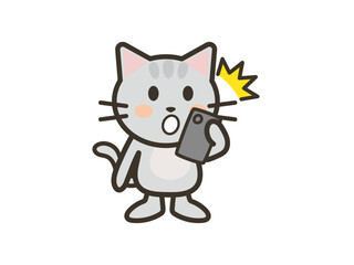 Obraz premium スマホを見てびっくりするかわいいねこちゃんのイラスト