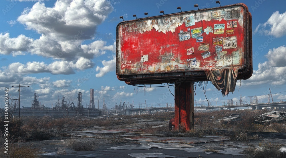 Poster A weathered billboard stands in a desolate industrial landscape under a cloudy sky.