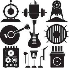 Obraz premium Black and White Vector Art: Abstract Music Instruments - Guitar, Drums, Amp, and More - Graphic Design Element