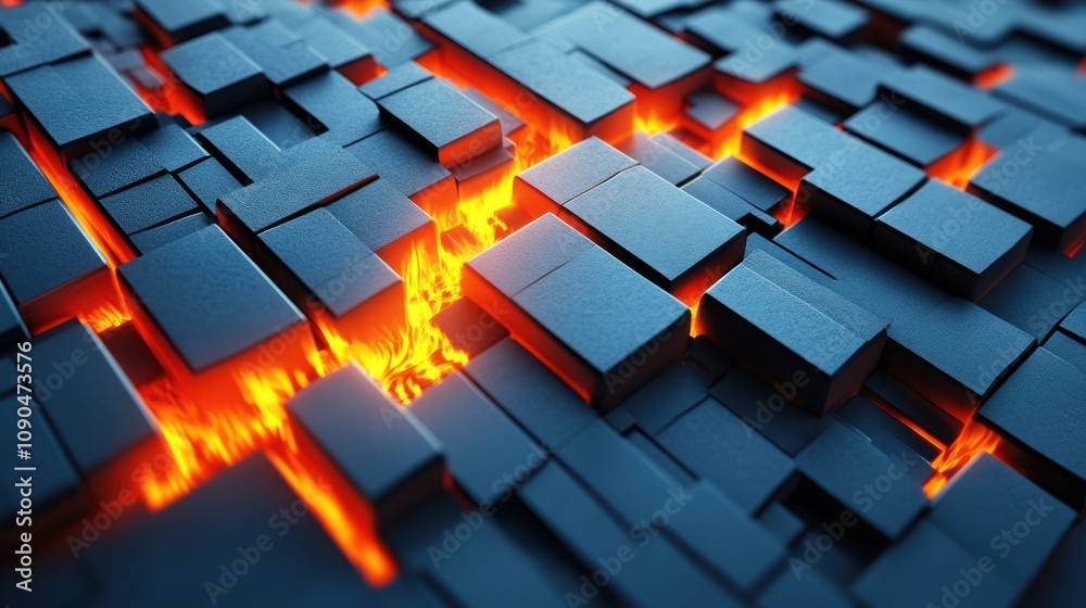 Poster Abstract depiction of dark blocks with glowing lava-like elements in between.