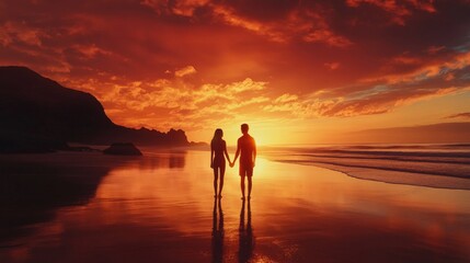 Couple holding hands on a romantic beach at sunset, celebrating a special holiday